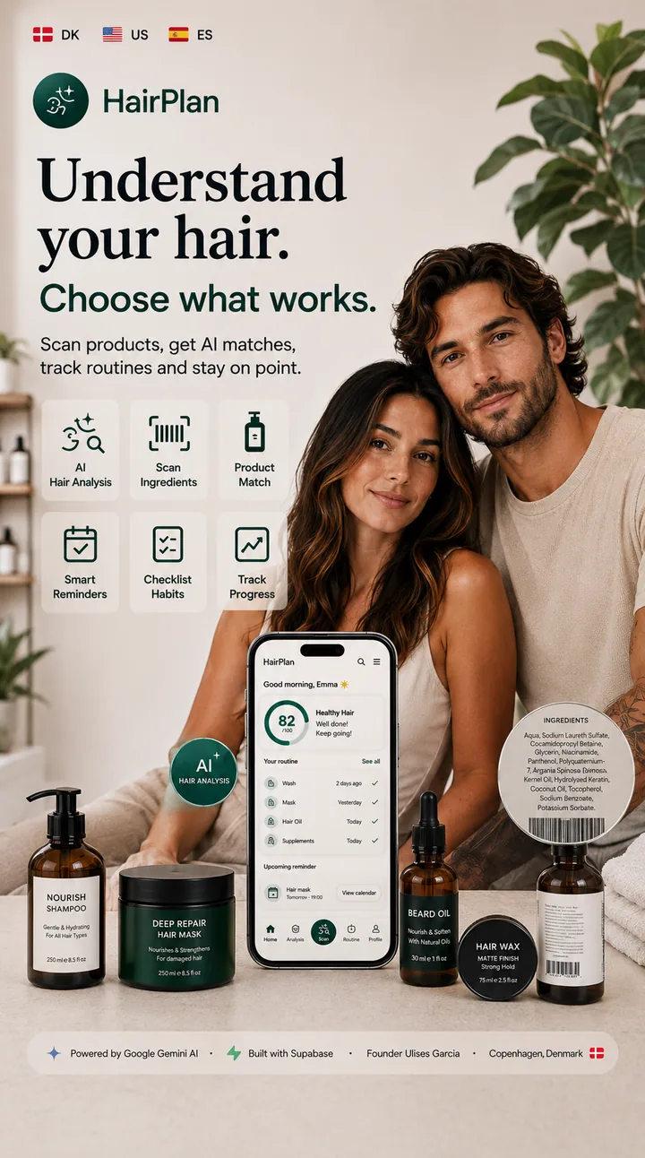 HairPlan produktoversigt med håranalyse, produktscan og rutineplan